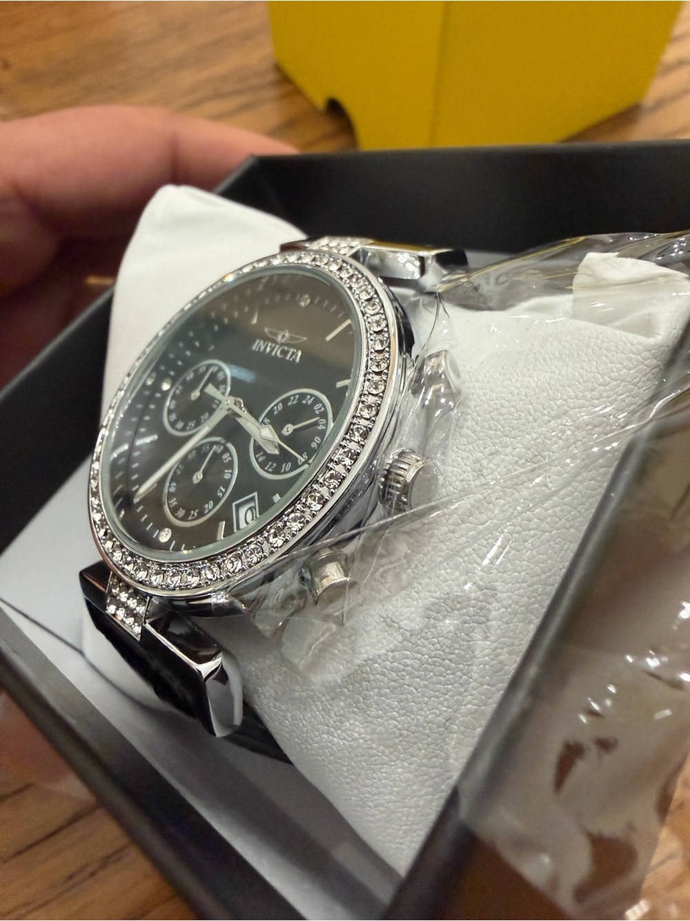 Invicta Celestial Black and Silver Crystal Chronograph Watch with Leather Strap - Picture 3 of 5